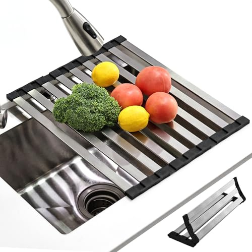 KR KITCHENRAKU Abtropfgestell Geschirr 35x32.5cm | Faltbare Matte für das Waschbecken in der Küche | 304 Edelstahl/Silikon | Als Abtropf für die Küchenspüle (Schwarz)