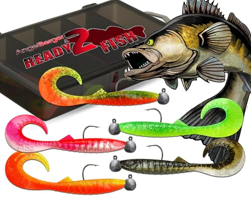 Wild Devil Baits Ready2Fish Tornado Curly Tail mit Box Twister Gummifisch Set mit Jighaken fertig zum Angeln