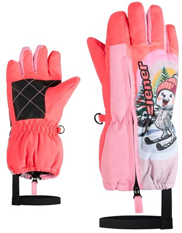 Ziener Leo-Z - Guanti da sci per bambini, per sport invernali, antivento, impermeabili, con cerniera lunga, rosa fluo, 3,5