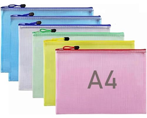6 Pcs Waterproof A4 Zip Wallets, Thickening A4 Mesh Zip Wallet, File Folder A4 Zip Lock Bags, for Storing Documents, Papers, Letters, and More