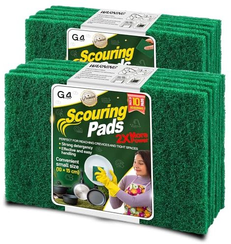 G4GADGET Heavy Duty Scouring Pads Green 10 Pack (3.9 x 5.9 inch / 10 x 15 cm) – Non-Scratch Multipurpose Scrubber for Kitchen, Pots, Pans, Sink & Dish Cleaning – Durable Reusable Scourers