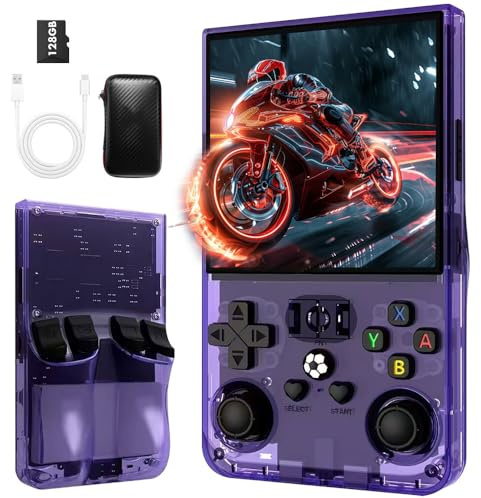 R36MAX Consola Retro Portátil, 4 Pulgadas IPS Consola Portátil, Emulador Consola Retro con 128 GB Almacenamiento, 22.000 Juegos y 30 Emuladores, Sistema Linux, Batería 4000 mAh, Mini Arcade (Morado)
