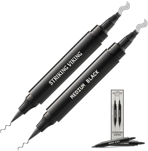 Striking Viking Beard Filler For Men - Medium Black, 2 Pens Pack - Temporary Beard Dye - Waterproof Sweatproof Long Wear Beard Pencil for Touchups & Gap Contouring - Enhances Facial Hair