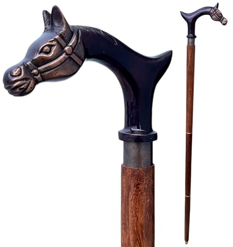 Bastón vintage con mango de cabeza de caballo, bastón de madera hecho a mano, bastón de madera dura marrón oscuro, diseño plegable de 3 piezas, ayuda decorativa para caminar