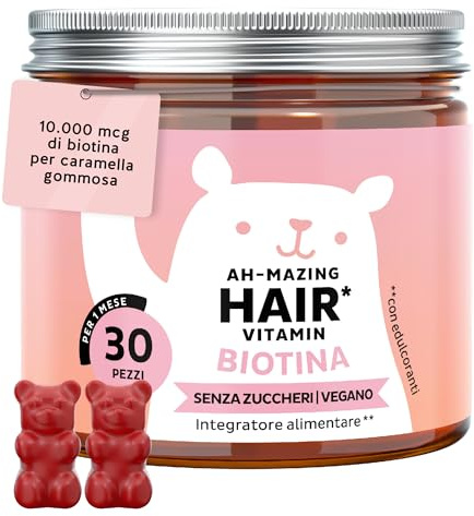 Biotina Gummies Ah-mazing Hair – Integratori per Capelli – Formula Potenziata – 10.000 µg di Biotina, Zinco, Vitamina B6, C, E e Iodio – 30 pezzi (1 Mese), Vegane, Senza Zucchero, Bears with Benefits