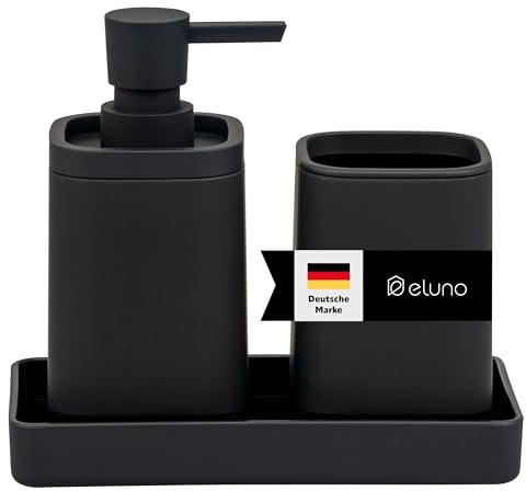 eluno Badezimmer-Set VALONA mit Soft-Touch Oberfläche, Bad-Accessoires Set 3tlg. aus 1x Seifenspender, 1x Becher und 1x Schale, für Badezimmer, Gäste-WC und Küche aus robustem Kunststoff (Schwarz)