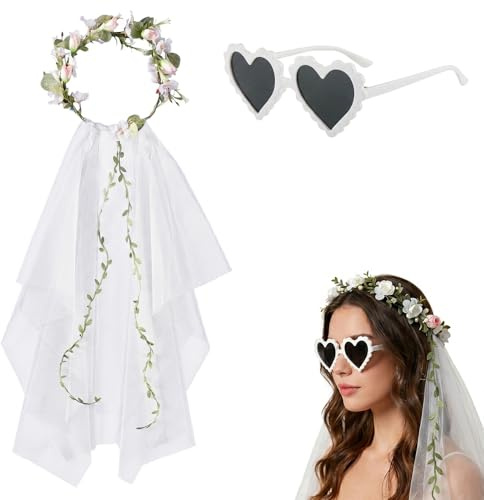 GWEOR Trockenblumenkranz & JGA Accessoires Set für Frauen, Weißer Schleier, Herz Sonnenbrille, Blumenkranz Haare als Haarschmuck für Mädchen, Ideal für Junggesellenabschied und Hochzeitsfotografie