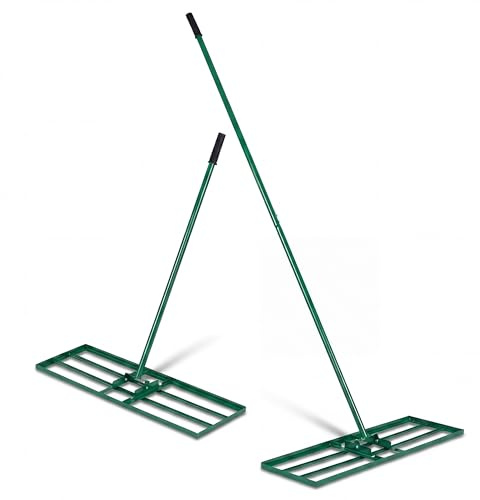 HOMASIS Rasen Nivellierrechen, Metall Rasenrakel mit 170cm ergonomischem Stiel & Griff, Rasenrechen zum Sanden, Boden & Nivellieren, Rasenwerkzeug für Rasen, Golfplatz & Hinterhof (Grün, 75x25cm)
