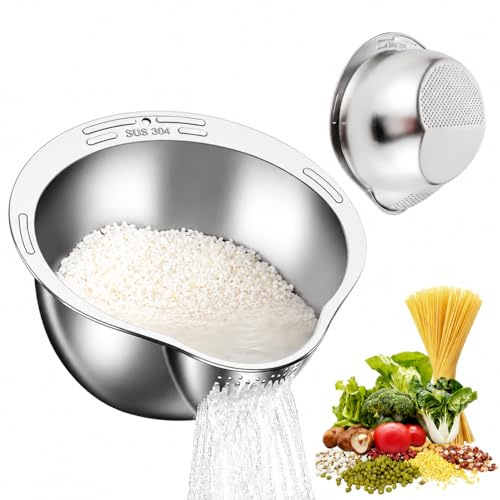 Rice Washing Bowl,304 Stainless Steel Rice Washer with Built-in Strainer,Multi-Purpose Kitchen Colander for Quinoa, Vegetables & Pasta – Durable, Rust-Resistant, Easy to Clean