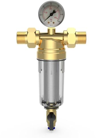 General 3 / 4inch or 1 / 2inch Threaded Backwash Sediment Filter with Pressure Gauges for Whole Houses Water Systems Brass Sediment Filter with Pressure Gauges