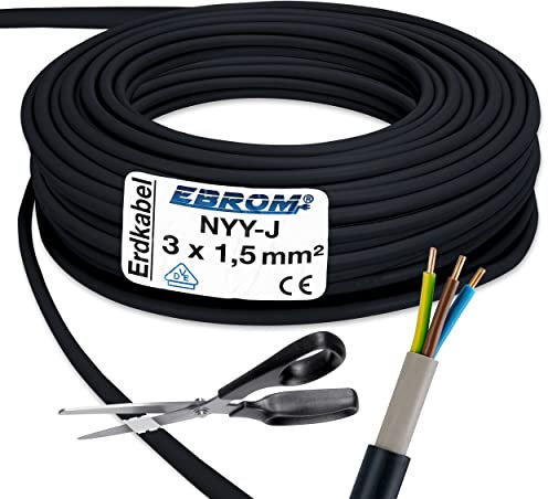 EBROM Erdkabel NYY-J 3x1,5 mm² - Starkstromkabel - PVC Erdleitung - schwarz - Meterware auf den Meter genau - Auswahl in 1 Meter Schritten, viele Längen - NYY-J 3x1,5 mm2 - Ihre Länge: 129 Meter