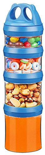 BeneLabel Snack Box, Stackable Snack Pot 4 Compartments 31oz/917ml Portable Food Container Storage Jar Nuts Candy Formula Dispenser with Lid for Travel, BPA Free & Leak-proof, Blue
