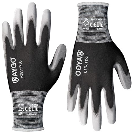 KAYGO Work Gloves PU Coated 12 Pairs, KG15P,Nylon Liner with Flexible Polyurethane Coating,Safety Work Gloves for DIY, Assembly, Warehouse, Light Duty Work (X-Large, Black)