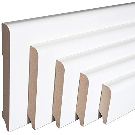 REESE Sockelleiste Münchener Profil MDF Folie Weiß, 80mm Höhe, 230 cm | 20 Stück / 46 lfm, Oberkante Rund, nicht selbstklebend