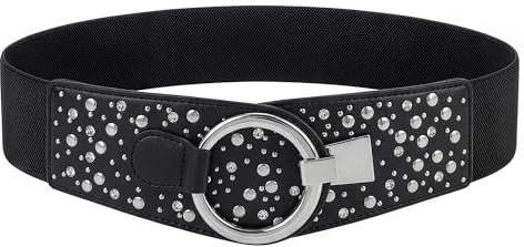 BlackButterfly Kunstleder Taillengürtel Damen Strass | 6,5 cm Breit, Nieten Und Steine, Ringhaken, Gerade Oder Schräg Tragbar, Größen S-XXL, Taillenformer, Glitzer