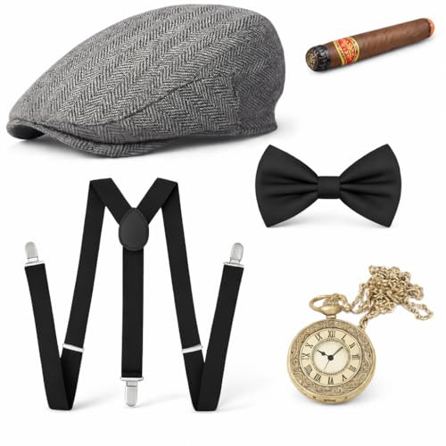 TK Gruppe Timo Klingler 5-i-1 – 1920 Accesoirres herr set för karneval och karneval – maskeradkläder som Mafia, Charleston, Gatsby, Gangster