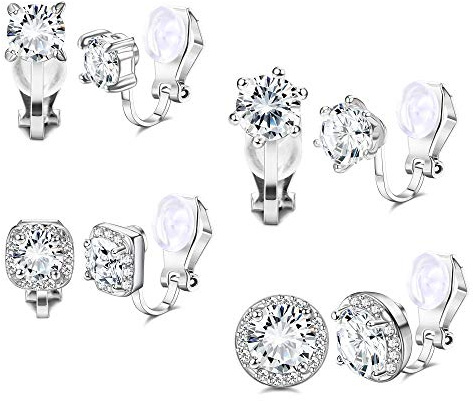 YADOCA 4 Pares Pendientes Clip Plata Oro Rosa para Mujeres Niñas Hipoalergénico Pendientes Oreja Sin Agujero Cartilago No perforado Cubic Zirconia Pendientes Clips Mujer