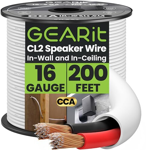 GearIT Cavo per altoparlanti da parete OFC 2 x 1,5 mm≤ (60,96 metri – bianco) rame privo di ossigeno – audio Hi-Fi per CL2 nominale/2 conduttori – calibro 16 AWG, 200 piedi