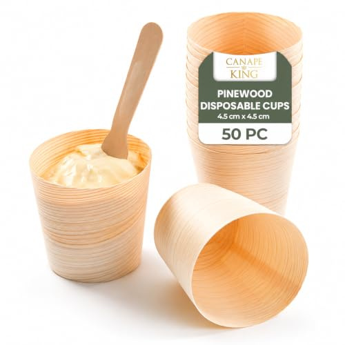 Canape King Pinewood Disposable Cups - Biodegradable Natural Wooden Desert and Fries Serving Tableware - Great for Christmas Wedding Parties and Buffet (50, 4.5 cm x 4.5 cm)