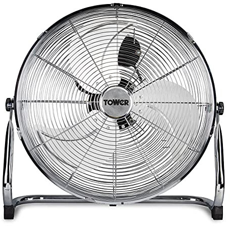 Tower T662000 Metal High-Speed Velocity Floor Fan with Adjustable Tilt, 18”, 100W, Chrome