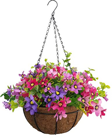 Blumenampel aus Seidenkette, für Zuhause und draußen, Blumentopf, Blumen, DIY, künstliche Schmetterling, Chrysanthemen, lila und rosa Blumen (lila und rosa (kleiner Korb))