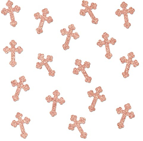 Confettis de table en forme de croix de baptême – Décorations de table – Première communion, confettis en croix pour fête prénatale, baptême, décorations de fête, or rose (220 pièces)