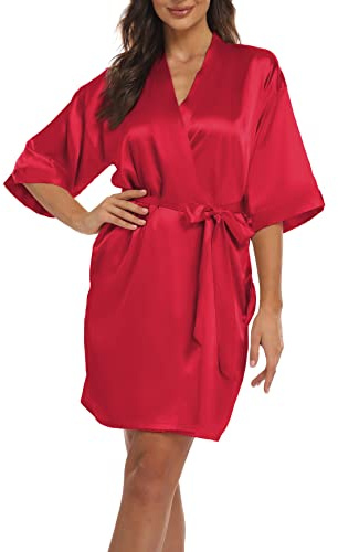 Teemie Dammorgonrock, badrock, satin, kimono, rock, nattkläder, med bälte, fickor, brud, brudtärnor, kort, sexig, v-ringad, nattlinne, sommar, kvinnor, 3/4 ärmar, pyjamas, bröllop, fest, röd, L