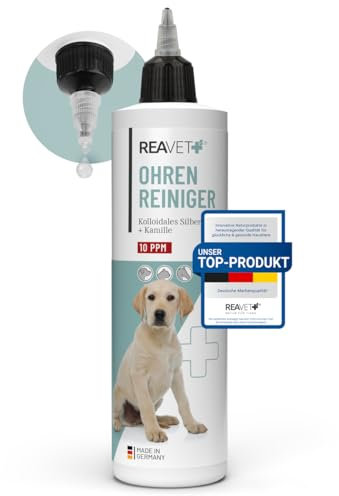 ReaVET Ohrenreiniger für Hunde & Katzen 250ml - Ohrreiniger mit Kolloidalem Silber + Natürlicher Kamille I Mittel zum Ohr Reinigen für Hund, Katze, Pferd