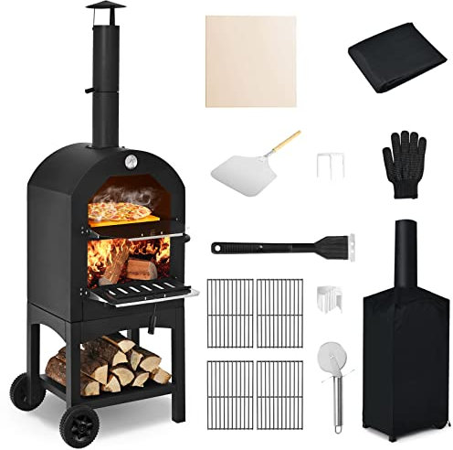 GYMAX Forno per Pizza Portabile, con Ruote e Maniglia per Trasporto, Assorbimento Rapido del Calore, Dispersione del Fumo, in Ferro, Pala Inclusa, 49 x 37 x 162 cm, Nero