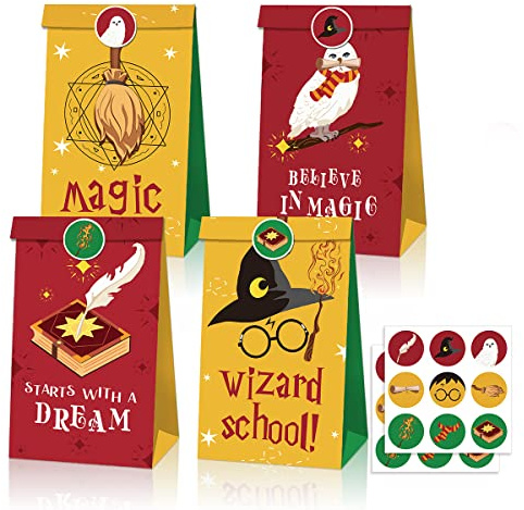 PIUMOJ Harry presentpåse, Potter-godispåsar, 24 st födelsedagspåsar med 36 klistermärken, trollkarl, Halloween-presentpåse, festfavoritväskor för barn häxor