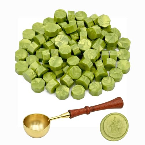 LICQIC Siegelwachs Set, Wachsperlen Siegel, Siegellack Set, Mustard | mit 100 Stück Sealing Wax, 1 Schmelzlöffel, für Einladungen, Karten, Umschläge, Weinpakete, Geschenkverpackungen