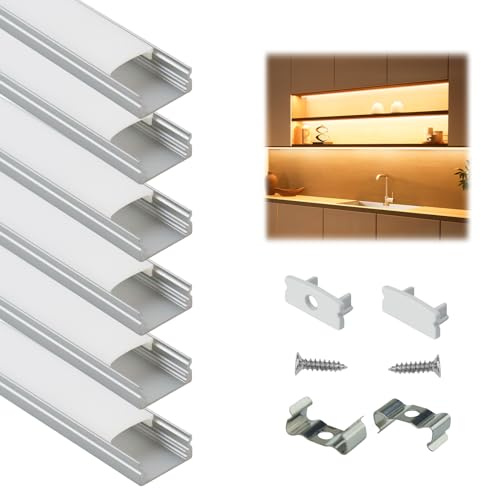 Muzata 6Pack 3.3FT Silver LED Strip Profile with Milky Diffuser U1SW WW | 17x7mm LED Aluminum Channel, Fits LED Strips Up to 12mm, LED Strip Light Diffuser, Smooth Light Output, Linear Lighting