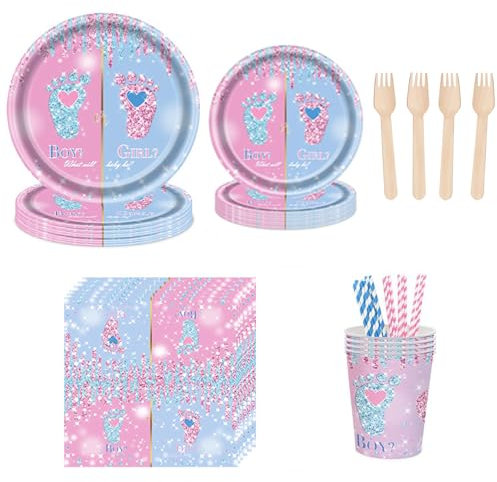 Gender Reveal Table Decorations - 120 Pcs Boy or Girl Footprint Party Tableware Set With Plates, Napkins, Cups, Forks & Straws - Baby Shower Ideas Party Supplies for 20 Guests