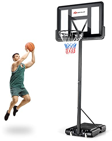 GOPLUS Panier de Basket Portable, Hauteur Réglable de 1,3-3,05m avec Filet, 2 Roues et Panneau Incassable 110cm, Panier de Basket Intérieur et Extérieur pour Adolescents, Adultes
