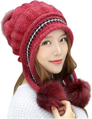 MEGAHERZ Wintermütze mit Bommel für Damen, Strickmütze für Damen, Wollmütze mit Bommel, warm, Strickmütze für Damen, modisch, für den Winter, rot, One size