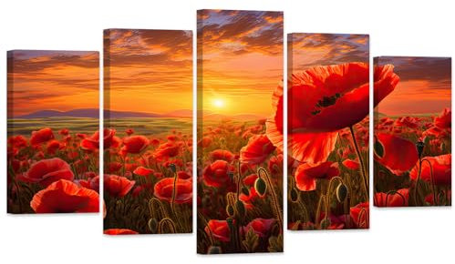 ZXHYWYM Rote Mohnblumen Blumen Leinwandbilder 5 Teilig Mohn Blumenfeld Gemälde Drucke Sonnenuntergang Landschaftsbild elegantes rustikales Kunstwerk Badezimmer Dekor (Bild-2, (100.00 x 55.00 cms))