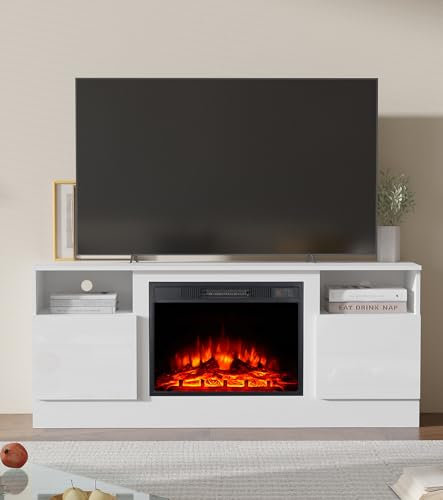 M.C.Haus Cheminée électrique avec Support TV, pour téléviseurs jusqu'à 143,9 cm x 80 cm, Divertissement en Structure en Bois avec lumière LED, façade en Verre, 147,3 cm (Blanc, 147.3CM)