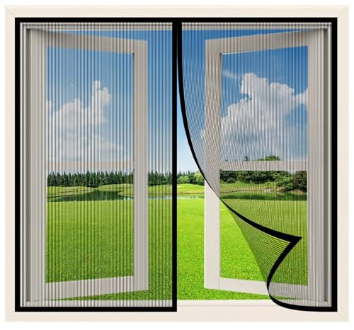 Insektenschutz Fenster Vorhang Premium Fliegengitter 90x195cm mit eingenähten Gewichten und selbstklebenden Klemmleiste Fliegenvorhang für BalkonFenster SchiebeFenster,Schwarz