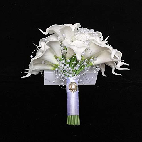Bouquet de Mariage en Soie de lys Calla Blancs, Toucher Naturel avec Perles, Fleur de Demoiselle d'honneur (Bouquet de mariée)