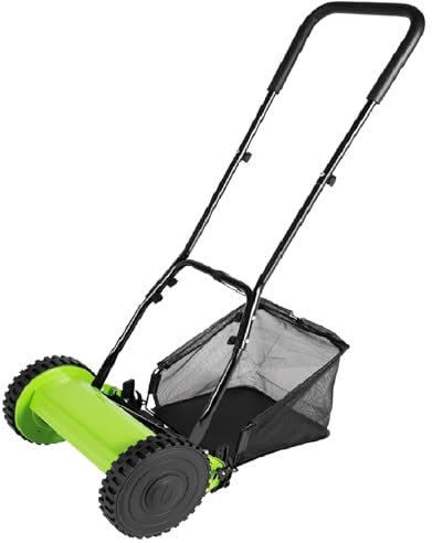 Cortacésped manual de 12 pulgadas, con carrete de empuje, altura ajustable, barredora de césped con 5 cuchillas y bolsa de pajita, barredora de jardín