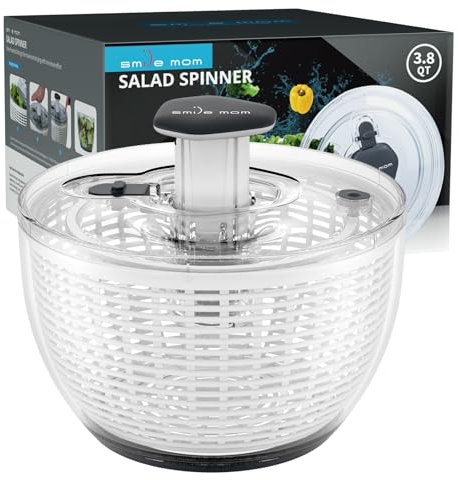 Smile mom Salatschleuder, kleine Salatschleuder, Küchenhelfer, Gemüsewascher, hohe Effizienz für Zuhause, Küche, Waschen und Trocknen von Blattgemüse, Einhandgriff, einfach zu drücken, 3,8 l, Weiß