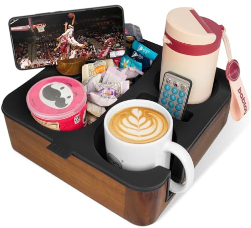 Bandeja para portavasos de sofá, organizador de aperitivos y bebidas con soporte para teléfono, accesorios perfectos para noche de cine, bandeja de madera de acacia de silicona para control remoto de