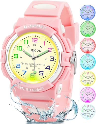 Juboos Kids Watch Analog with 7 Colorful Night Lights Boys Girls Waterproof Soft Strap Kids Time Teaching Quartz Wristwatch for Ages 5-18 (Pink)