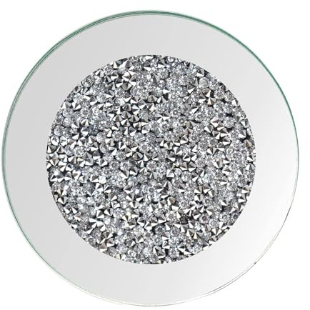 Round Crushed Diamond Coasters with Glass, Mirror Border, Set of 4, Silver, 10 cm