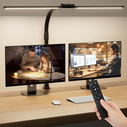 Schreibtischlampe LED Dimmbar Fernbedienung,1600 LM Doppelkopf Schreibtischlampe Klemmbar für Homeoffice,24W 75CM Augenschutz Schwanenhals Lampe mit 5 Farbmodi & Helligkeit,Moderne Monitor Lampe