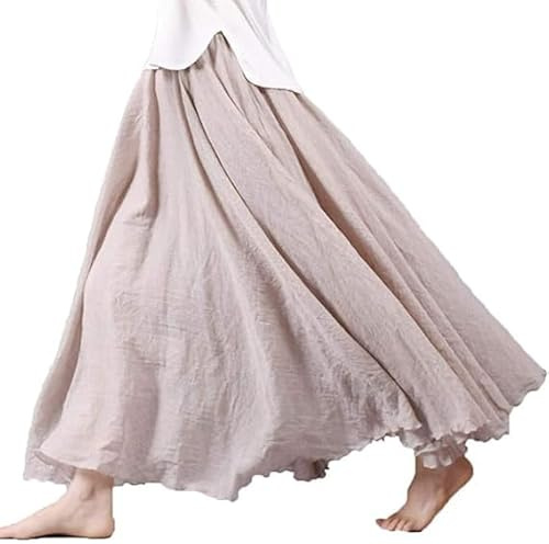 Jupe longue plissée en lin pour femme - En coton et lin - Style bohème - Couleur unie - Pour les loisirs, beige, taille unique