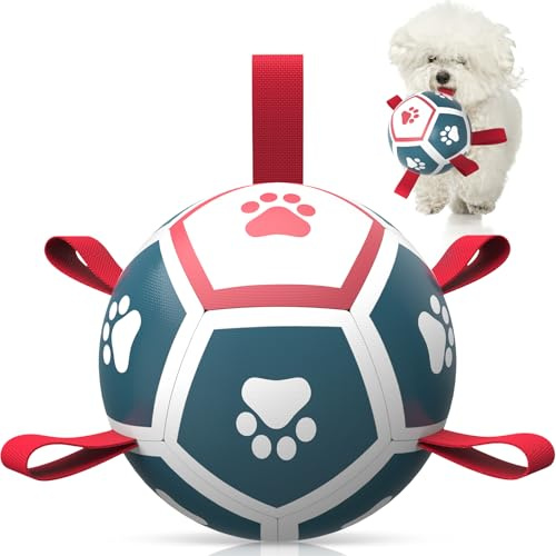 HETOO Hundespielzeug, Fußball mit Riemen, interaktives Spielzeug zum Tauziehen, Welpengeburtstagsgeschenke, Hunde-Tug-Wasserspielzeug, langlebige Hundebälle, Weltmeisterschaft für kleine Hunde, Rot
