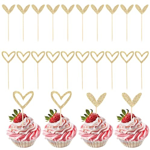 Xinjoduz 24 PCS Gold Glitter Heart Cupcake Toppers, Cute Love Heart Cake Toppers for Valentine's Day Anniversary Engagement Bridal Shower Birthday Party Wedding Cake Decorations(2 Styles)