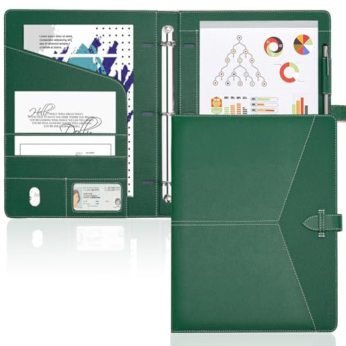 Toplive Padfolio 3 Ring Binder Organizer Business Portfolio Folder for Women, A4/ Letter Size PU Leather Portfolio Padfolio for Interview Conference Presentation, Dark Green