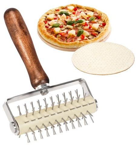 Pizza Roller with Spikes, Stainless Steel Pizza Hole Cutter with Wooden Handle, Pizza Hole Tool, Prevents The Dough from Bubbling and Expanding, Pizza Accessories for Home & Pizza Store